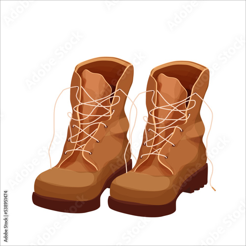 Pair brown leather walking boots in cartoon style isolated on white background.