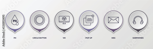 infographic template with outline icons. thin line icons such as ph, circle button, vm, pop up, msg, earphones editable vector. can be used for web, mobile, info graph.