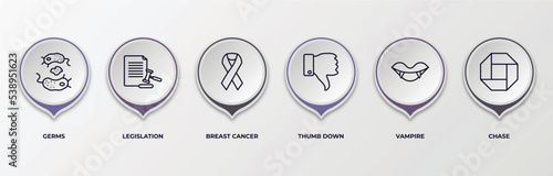 infographic template with outline icons. thin line icons such as germs, legislation, breast cancer, thumb down, vampire, chase editable vector. can be used for web, mobile, info graph.