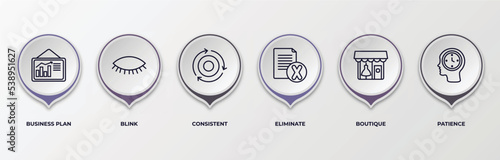 infographic template with outline icons. thin line icons such as business plan, blink, consistent, eliminate, boutique, patience editable vector. can be used for web, mobile, info graph.