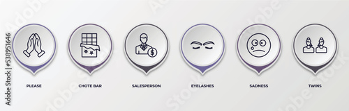infographic template with outline icons. thin line icons such as please, chote bar, salesperson, eyelashes, sadness, twins editable vector. can be used for web, mobile, info graph.
