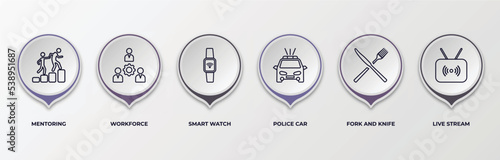 infographic template with outline icons. thin line icons such as mentoring, workforce, smart watch, police car, fork and knife, live stream editable vector. can be used for web, mobile, info graph.