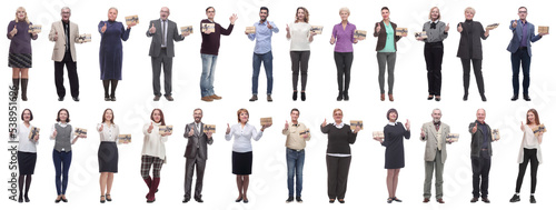 group of happy people with gifts in their hands isolated