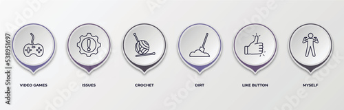 infographic template with outline icons. thin line icons such as video games, issues, crochet, dirt, like button, myself editable vector. can be used for web, mobile, info graph.