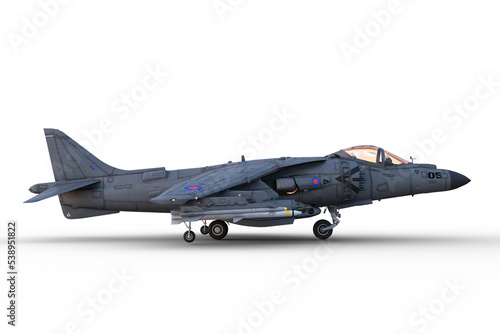 Side view 3D illustration of a grey jet fighter aircraft on the ground and armed with missiles isolated on a transparent background.