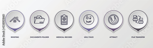 infographic template with outline icons. thin line icons such as roofing, documents folder, medical record, ugly face, attract, file transfer editable vector. can be used for web, mobile, info