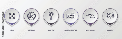 infographic template with outline icons. thin line icons such as helm, no touch, baby toy, camera shutter, blue arrow, robbery editable vector. can be used for web, mobile, info graph.