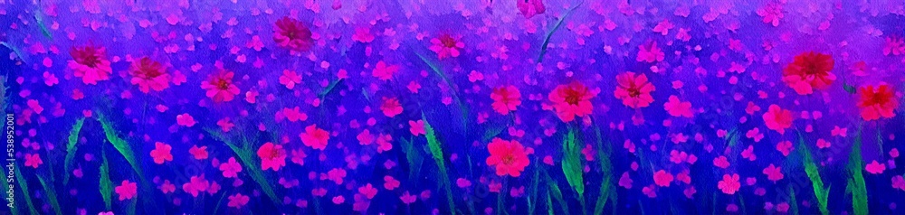 Horizontal banner for website design, digital drawing of beautiful flowers in the painting on paper style