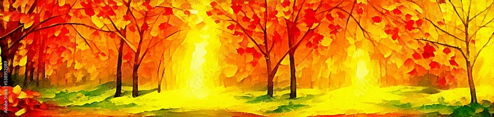 Fototapeta premium Horizontal banner for website design, digital drawing of beautiful autumn landscape in the painting on paper style
