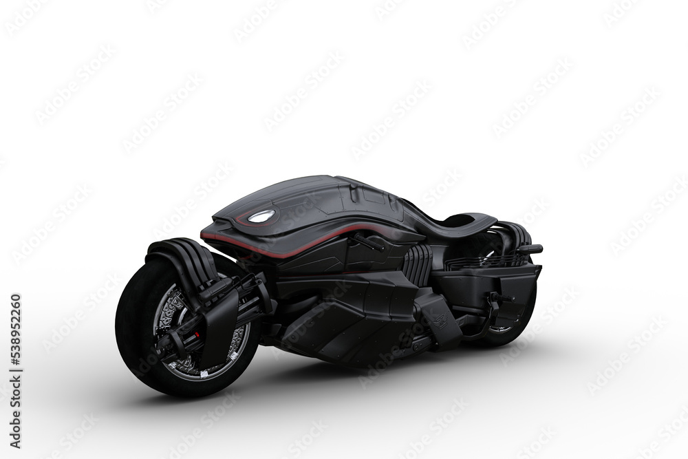 3D illustration of a black coloured futuristic cyberpunk style motorbike isolated on a transparent background. 3D illustration of a black coloured futuristic cyberpunk style motorbike isolated on a transparent background.