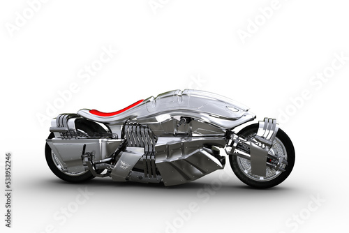 Side view 3D illustration of a futuristic cyberpunk style silver motorcycle isolated on a transparent background.