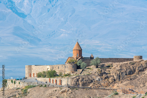 Khor Virap monastery against Ararat Mount on sunny day. Ararat Province, Armenia.