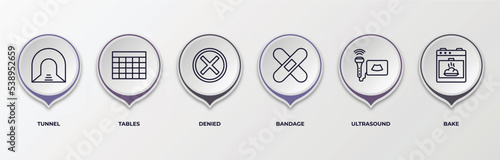 infographic template with outline icons. thin line icons such as tunnel, tables, denied, bandage, ultrasound, bake editable vector. can be used for web, mobile, info graph.