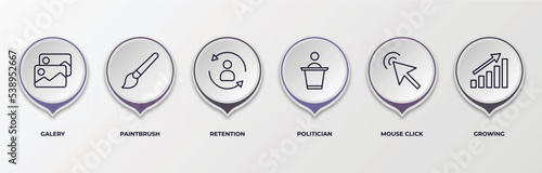 infographic template with outline icons. thin line icons such as galery, paintbrush, retention, politician, mouse click, growing editable vector. can be used for web, mobile, info graph.
