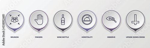 infographic template with outline icons. thin line icons such as reunion, fingers, wine bottle, hospitality, observe, upside down cross editable vector. can be used for web, mobile, info graph.