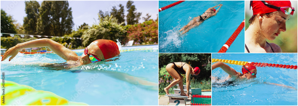 Collage. One female swimmer in swimming cap and goggles training at pool, outdoors. Healthy lifestyle, power, energy, sports movement concept.