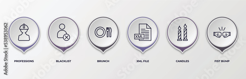 infographic template with outline icons. thin line icons such as professions, blacklist, brunch, xml file, candles, fist bump editable vector. can be used for web, mobile, info graph.