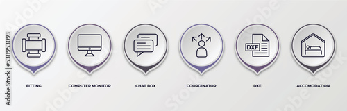 infographic template with outline icons. thin line icons such as fitting, computer monitor, chat box, coordinator, dxf, accomodation editable vector. can be used for web, mobile, info graph.