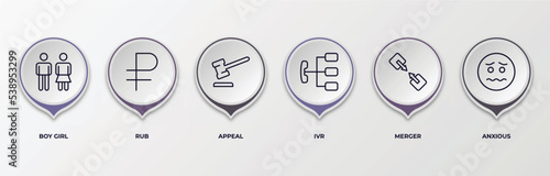 infographic template with outline icons. thin line icons such as boy girl, rub, appeal, ivr, merger, anxious editable vector. can be used for web, mobile, info graph.