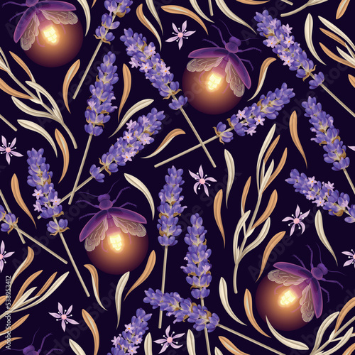 Dry lavender and firefly vector seamless pattern