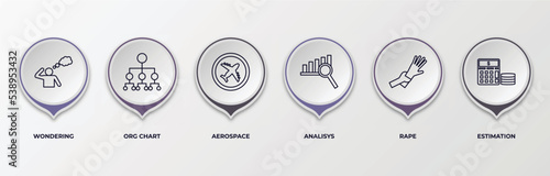 infographic template with outline icons. thin line icons such as wondering, org chart, aerospace, analisys, rape, estimation editable vector. can be used for web, mobile, info graph.