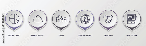 infographic template with outline icons. thin line icons such as circle chart, safety helmet, float, cryptography, onboard, pos system editable vector. can be used for web, mobile, info graph.