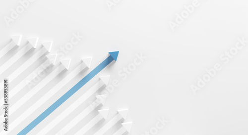 Minimal blue arrow up to growth success on white background, 3d render, progress way and forward achievement creative concept. copy space.