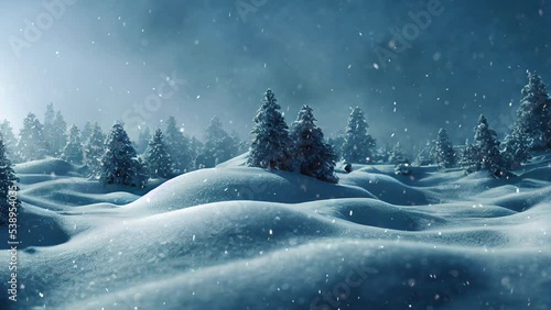 A computer generated 3D illustration composite of a winter forest background with snow falling seamless loop. A.I. generated art.
