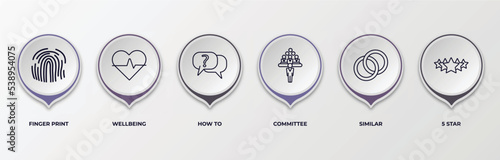 infographic template with outline icons. thin line icons such as finger print, wellbeing, how to, committee, similar, 5 star editable vector. can be used for web, mobile, info graph.