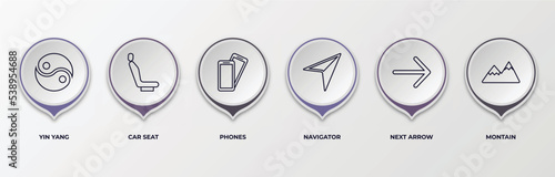 infographic template with outline icons. thin line icons such as yin yang, car seat, phones, navigator, next arrow, montain editable vector. can be used for web, mobile, info graph.