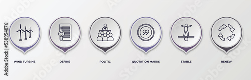 infographic template with outline icons. thin line icons such as wind turbine, define, politic, quotation marks, stable, renew editable vector. can be used for web, mobile, info graph.