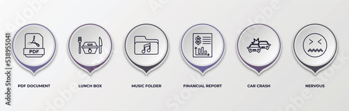 infographic template with outline icons. thin line icons such as pdf document, lunch box, music folder, financial report, car crash, nervous editable vector. can be used for web, mobile, info graph.