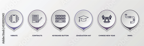 infographic template with outline icons. thin line icons such as vibrate, contracts, keyboard button, graduation hat, chinese new year, pipes editable vector. can be used for web, mobile, info
