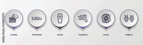infographic template with outline icons. thin line icons such as studies, footwear, coffin, thankyou, chaos, robots editable vector. can be used for web, mobile, info graph.