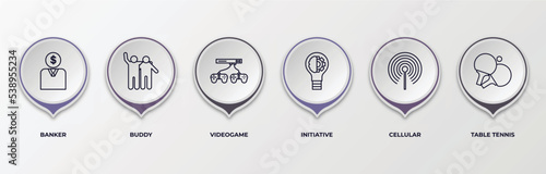 infographic template with outline icons. thin line icons such as banker, buddy, videogame, initiative, cellular, table tennis editable vector. can be used for web, mobile, info graph.
