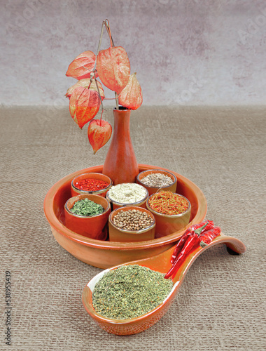 Still life of various spices for the preparation of Hops suneli