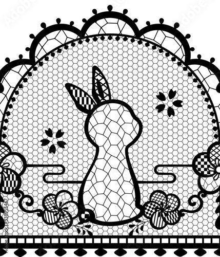 うさぎと梅のレース素材_和風イラスト_シームレス