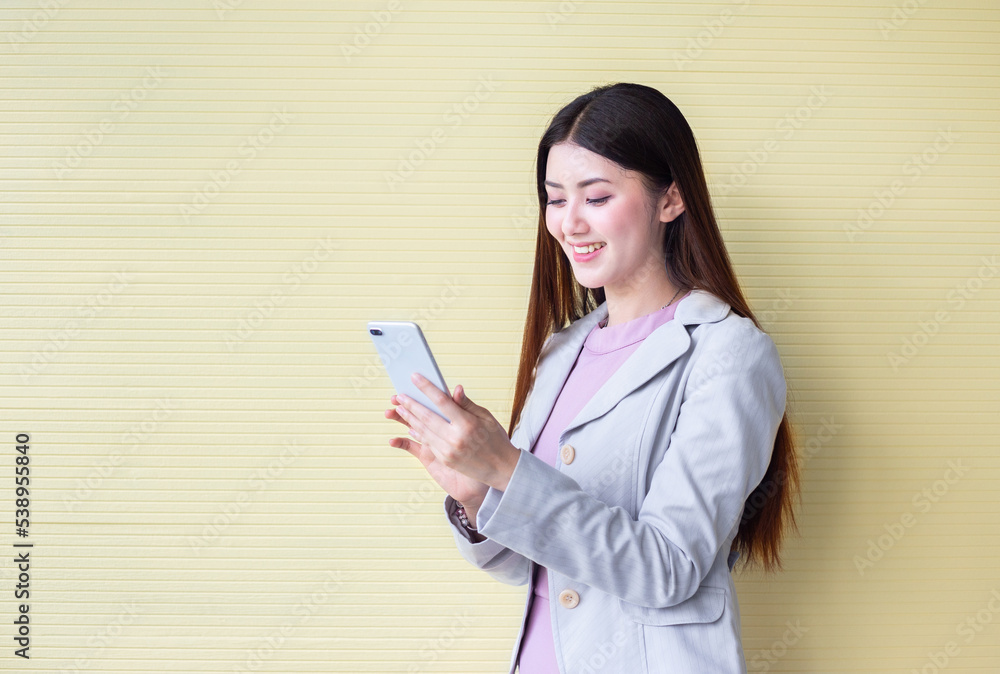 success and happy business girl use telephone for chat and message with entrepreneur as professional working woman concept success and happy business girl use telephone for chat and message with entrepreneur as professional working woman concept