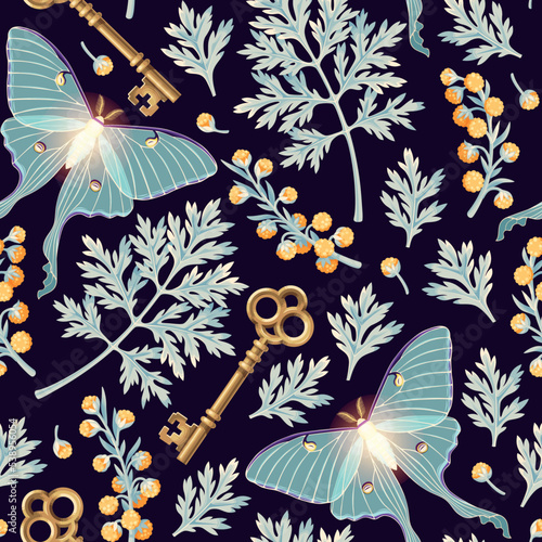Moon moth and flowers vector seamles pattern