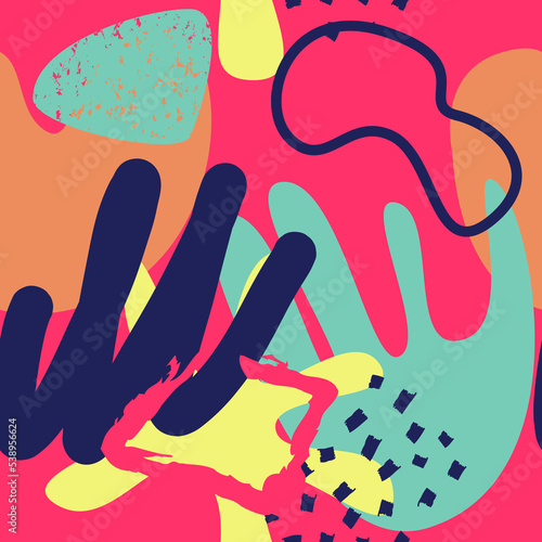 Doodle art seamless pattern with different color shapes and textures
