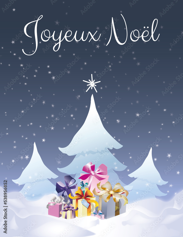 Joyeux Noël - décor hiver, cadeaux de noël dans la neige au pied de sapins bleus et blancs 