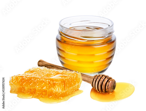 Honey isolated on white or transparent background.  Jar with honey, honeycomb and honey dipper with drop of honey
