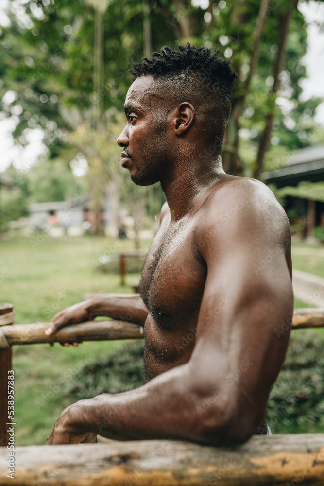 A portrait of sweaty African-american man after workout training