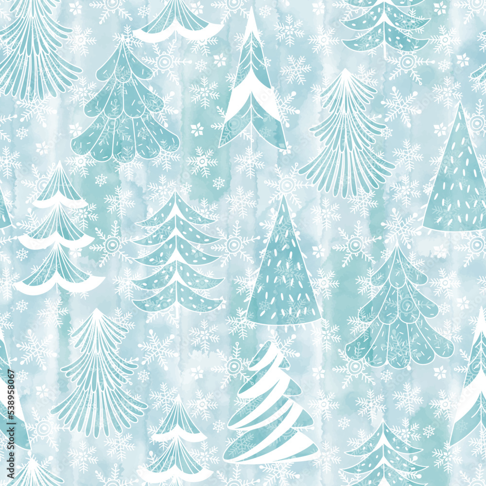 Seamless pattern with Christmas trees, snowflakes on blue watercolor background. Festive illustration. Vector. Perfect for invitations, postcards, wallpaper, wrapping and textile. Seamless pattern with Christmas trees, snowflakes on blue watercolor background. Festive illustration. Vector. Perfect for invitations, postcards, wallpaper, wrapping and textile.