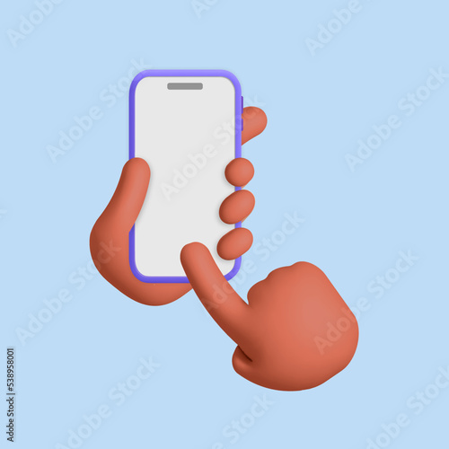 3d vector American African hands hold smartphone with white screen template design. Using, scrolling and searching something in phone, application, social media, promotion mockup.
