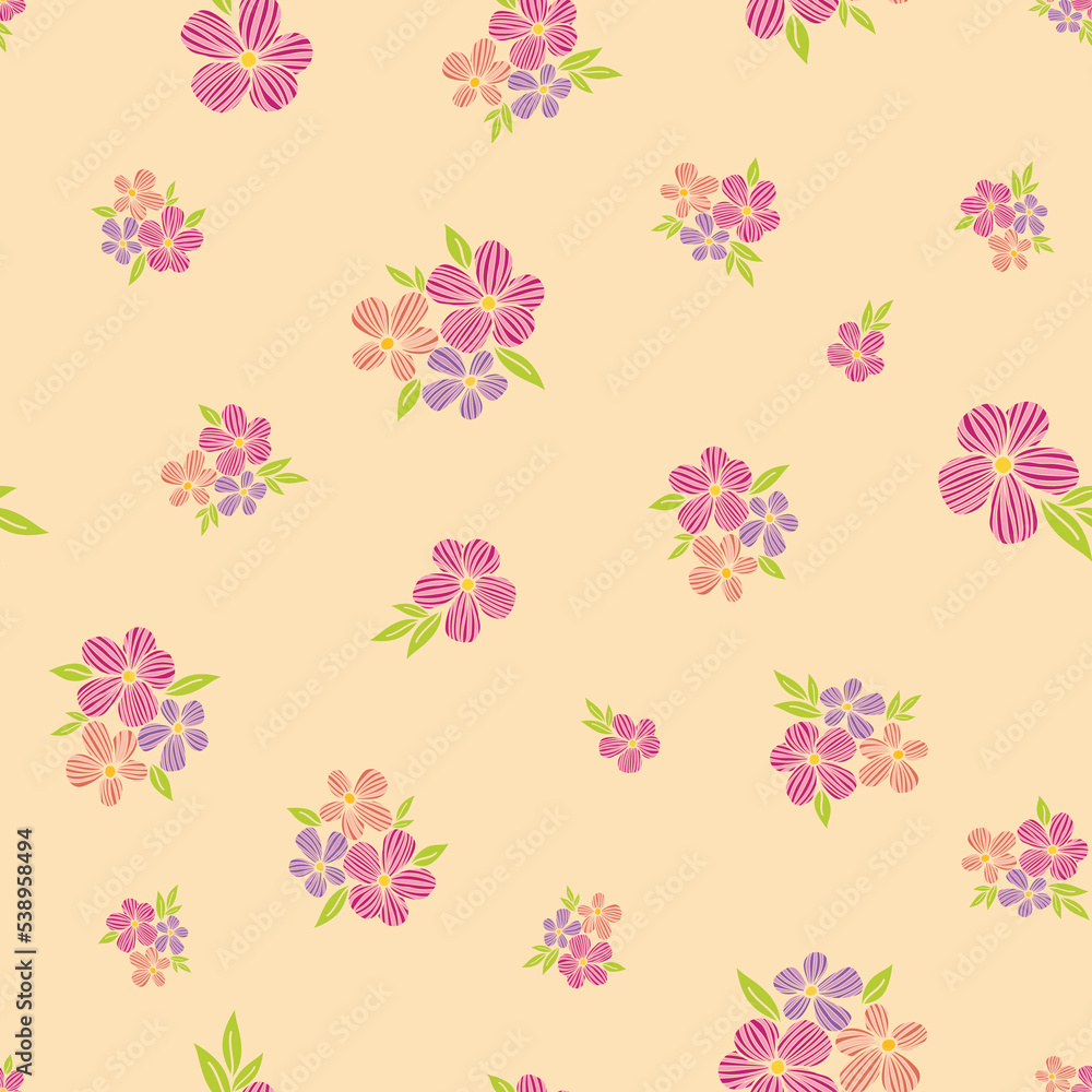 seamless repeat pattern with beautiful and colorful flowers on a peach color background perfect for fabric, scrap booking, wallpaper, gift wrap projects