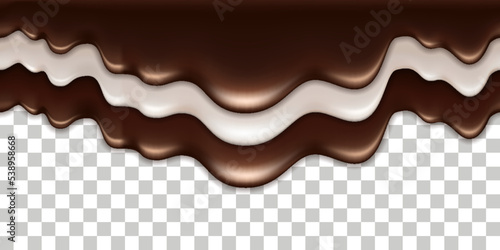 Chocolate cream and milk wave splash; liquid flowing texture wave swirl; white cream and dark brown chocolate. Melted drip isolated on white background. Vector illustration