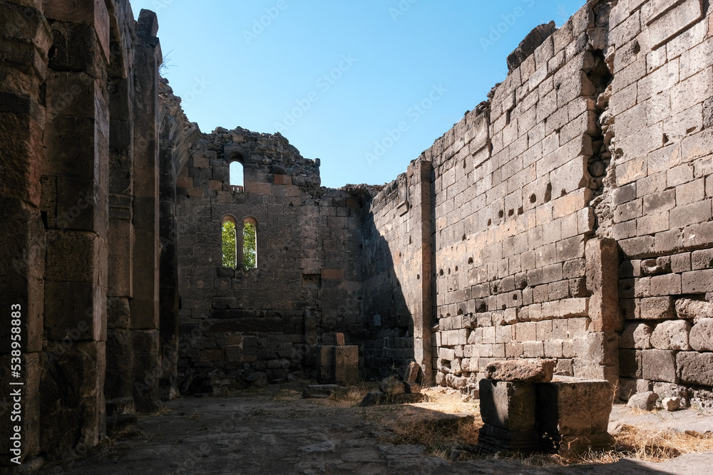 Ruins of medieval Tsiranavor Eranav Church on sunny summer day. Ashtarak, Armenia.