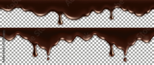 Chocolate melted drip; liquid spill with drops and splash. Milk chocolate texture; flowing cream wave. Dark brown border isolated on transparent background. Vector illustration