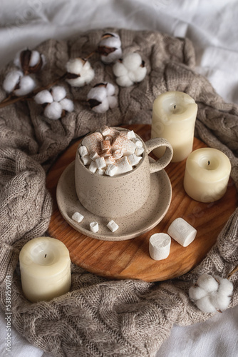 Cozy home still life  a cup of hot chocolate or cocoa with marshmallows on a wooden board  a wool sweater  candles and a sprig of cotton.